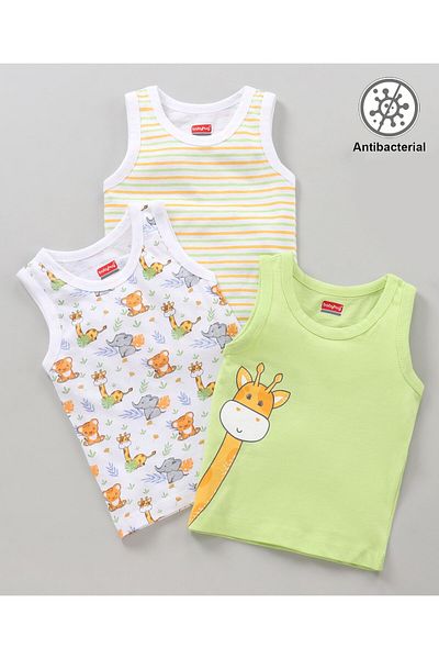 Babyhug 100% Cotton Antibacterial Sleeveless Sando Animals Print Pack of 3 - Green White