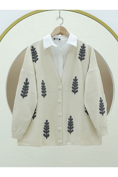 Modamorfo Cream Color Embroidered Knitwear Cardigan - Buttoned
