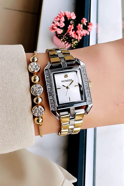 Homies Women's Waterproof Rhinestone Square Wrist Watch - Silver Gold Color, Steel Cord Bracelet Hmby2032C2