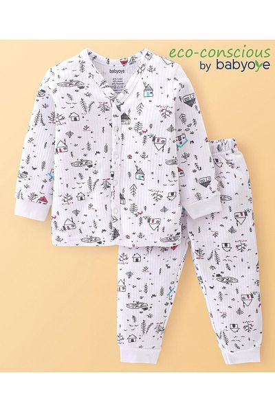 Babyoye Babyoye Thermal Cotton Modal Blend Full Sleeves Vest & Pajama Set Wild House Print - White