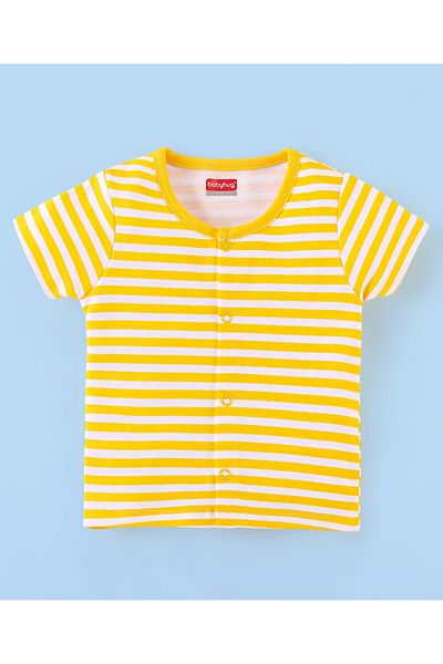 Babyhug Babyhug 100% Cotton Knit Half Sleeve Front Open Vests Stripes & Bear Print Pack of 2 -Yellow & White