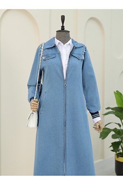 Modamorfo Omuzu İncili Ribanalı Fermuarlı Uzun Kot Kap -Mavi