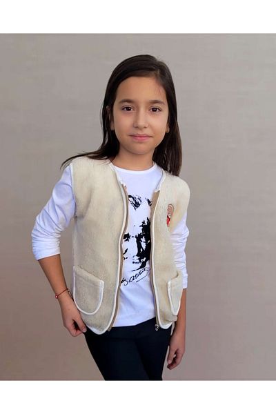 Alpar Tekstil Plush Welsoft Baby Girl and Boy Vest with Zipper, Pocket, (Sizes 2-10 Years Old) /Beige