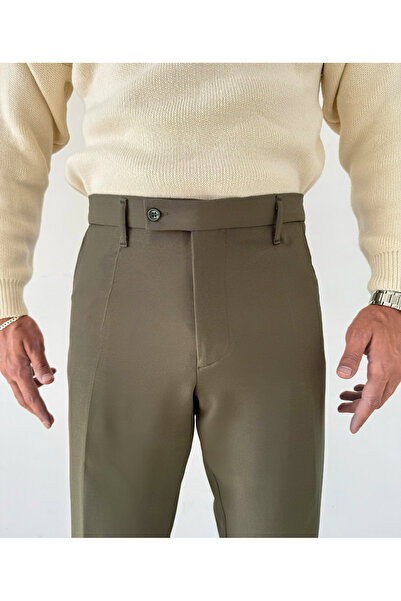 NO1 KONSEPT Χακί ελαστικό υφασμάτινο παντελόνι με διπλό πόδι με λεπτή εφαρμογή