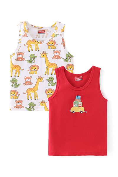Babyhug Babyhug 100% Cotton Sleeveless Sando Giraffe Print Pack of 2 - White & Red