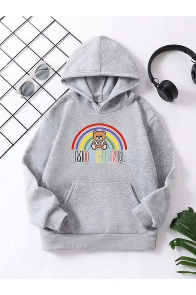 New Shine Γκρι βαμβακερό φούτερ - Παιδική κουκούλα Unisex, Big Rainbow Printed