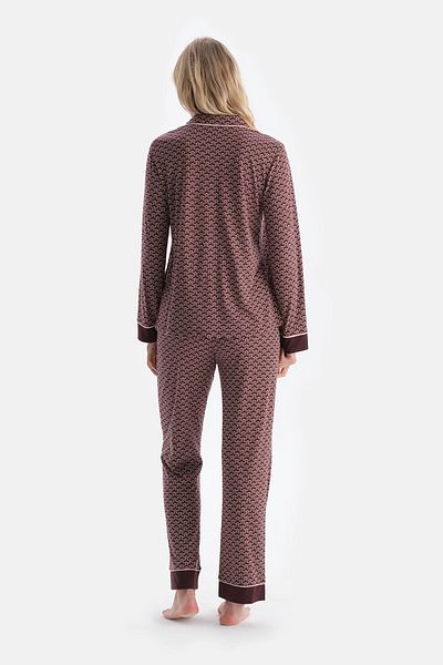 Dagi Set pijama pantaloni cămașă modal din bumbac pieptănat cu model geometric burgundy
