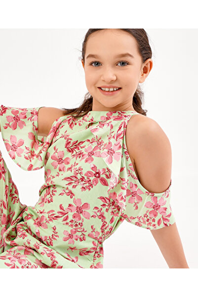 Primo Gino Primo Gino Floral Printed Jumpsuit Rayon Off-shoulder With Rose Gold Button - Green