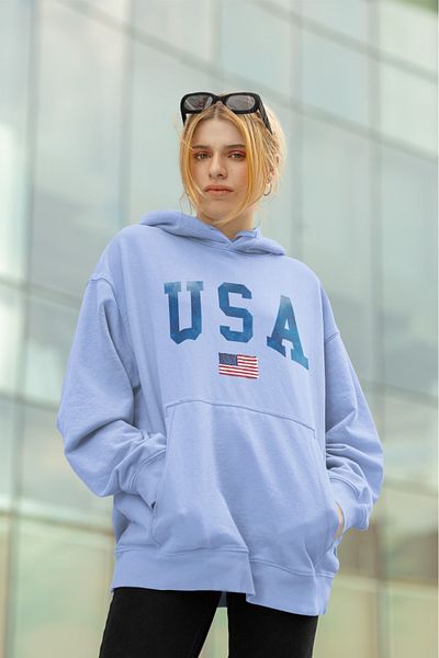 New Shine Unisex U.S.A Μπλε λεπτομέρεια με στάμπα βαμβακερό φούτερ με κουκούλα με κουκούλα