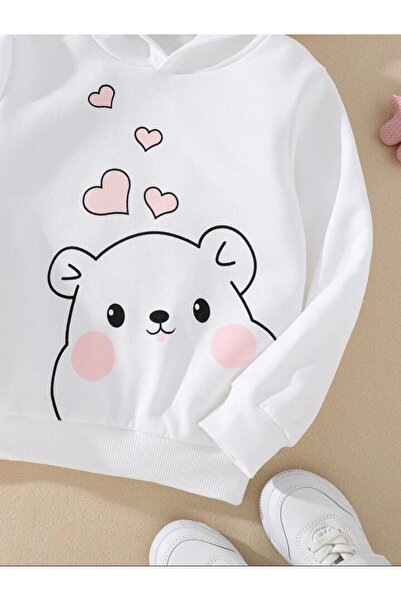 New Shine Girl's Hooded White Sweet Teddy Bear Printed Sweatshirt