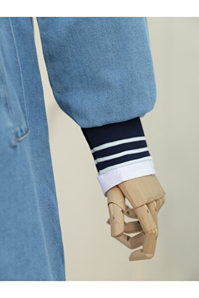 Modamorfo Omuzu İncili Ribanalı Fermuarlı Uzun Kot Kap -Açık Mavi