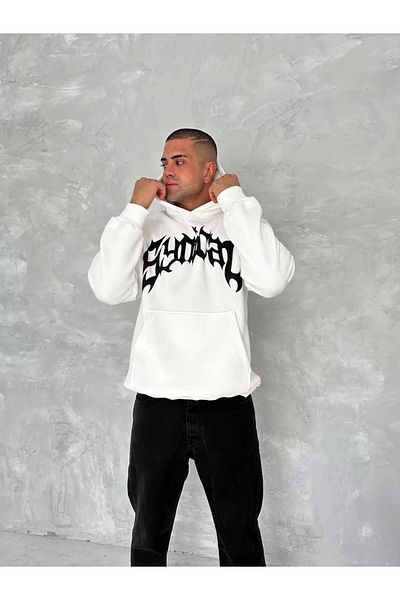 New Shine Λευκό φούτερ με κουκούλα Unisex με στάμπα - Τρεις κλωστές