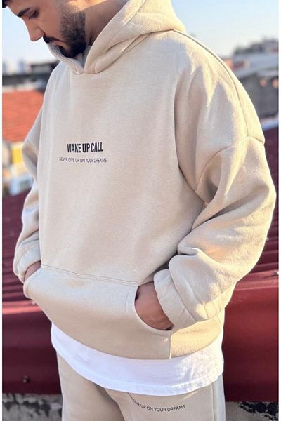 New Shine Κρεμ φούτερ με κουκούλα Unisex Seasonal Oversize με στάμπα βαμβακερή 3 κλωστή