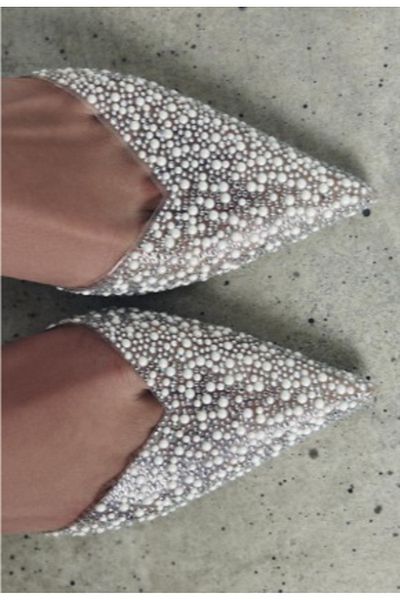 Park Moda Transparent Pearl Detailed Champagne Heel Stiletto Mold Heeled Shoes