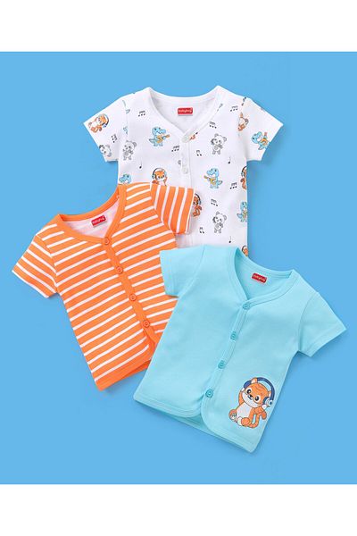 Babyhug 100% Cotton Half Sleeves Vests Stripes & Panda Print Pack of 3 - Turquoise Orange & White