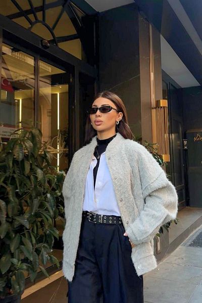 JaMolls wool look loose cut snap fastening pocket detail medium length trend bomber jacket coat