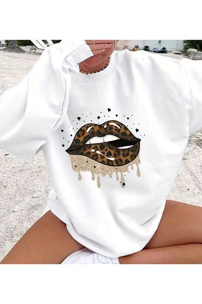New Shine Γυναικεία φούτερ με στάμπα Leopard Lip Biting Crew Neck Oversize