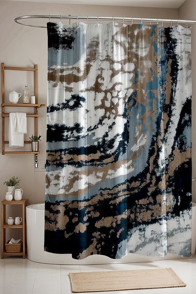 EVPANYA Κουρτίνα μπάνιου Abstract Navy Blue Cream με μοτίβο 175x200cm