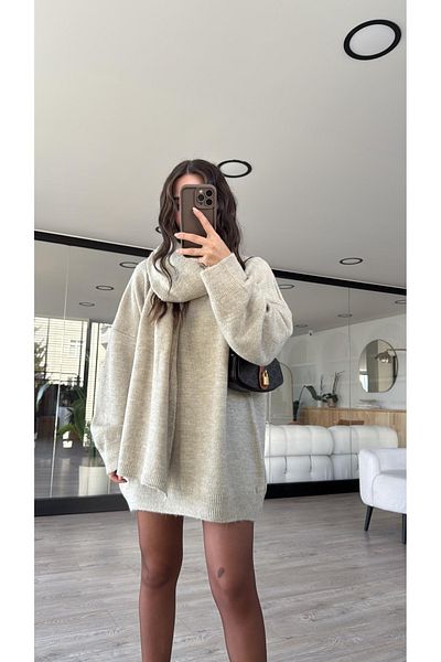 My Blog Pulover oversize cu eșarfă bej cu gât crew-25811