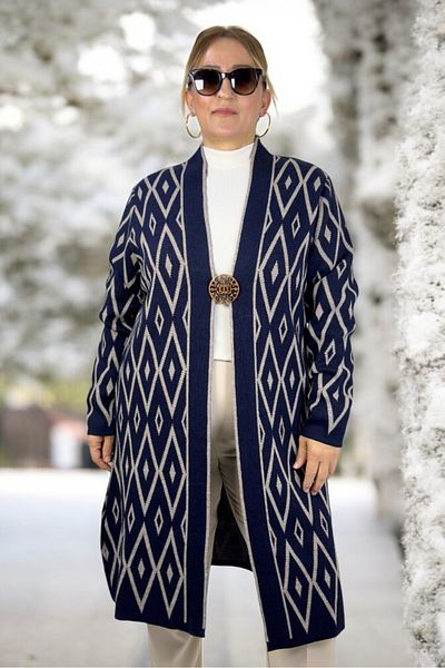 yagmurberen Baklava Patterned Broch Detailed Long Sleeve Shal Collar Large Size Knitting Cardigan