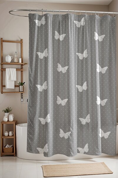 EVPANYA Perdeau de baie, perdea de duș cu model fluturi cu buline gri, perdea pentru cadă 175x200cm
