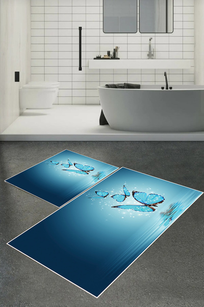 Carmine Carpet Σετ πατάκι μπάνιου 2 τεμαχίων με αντιολισθητική βάση με ψηφιακή εκτύπωση με μοτίβο πεταλούδας