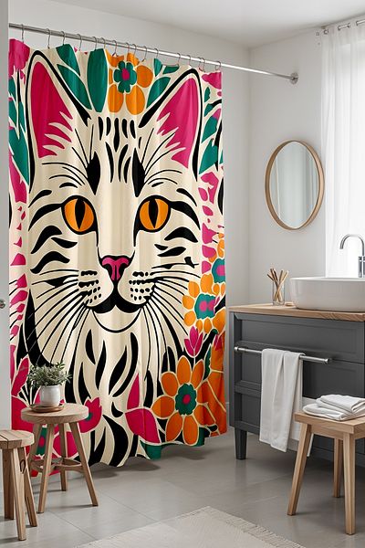EVPANYA Κουρτίνα μπάνιου, Hippie Cute Cat Pattern Κουρτίνα μπάνιου, Κουρτίνα μπανιέρας 175x200cm