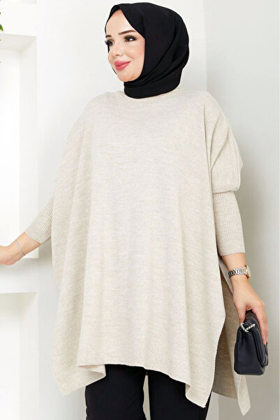 MissThetis Bisiklet Yakalı Uzun Yarasa Kollu Yırtmaçlı Oversize Rahat Kesim E...