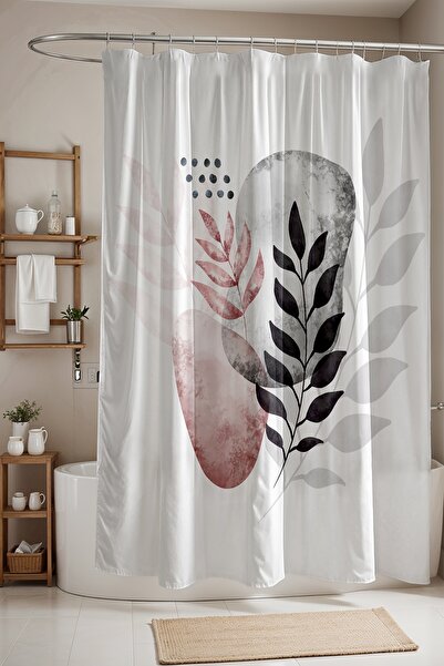 EVPANYA Banyo Perdesi, Pembe Gri Geometrik Bohem Yapraklar Desenli Duş Perdes...