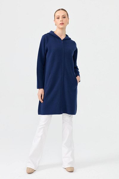 Desen Triko Cardigan lung de lână pentru femei cu glugă și fermoar Indigo