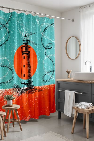 EVPANYA Perdeau de baie, perdea de duș cu model far turcoaz, perdea pentru cadă 175x200cm