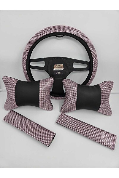 dizaynpark Pırlanta Şeker Pembe Direksiyon Kılıfı Taşlı Boyun Yastığı Ve Emni...