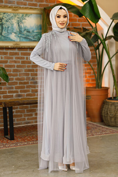 Nursima 6370 Taş İşlemeli Tül Gren Etek Kemerli Tesettür Abiye Elbise