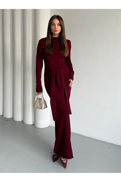 Laluvia Rochie lungă cu cravată în față bordeaux - 7177