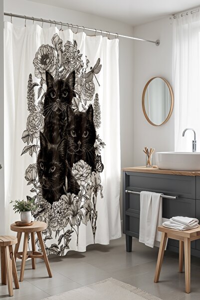 EVPANYA Banyo Perdesi, Bohem Kara Kediler Desenli Duş Perdesi, Küvet Perdesi ...