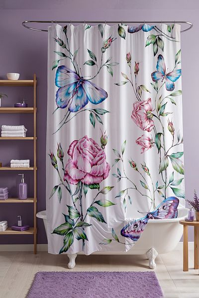 EVPANYA Perdeau de baie, perdea de duș cu modele de fluturi colorați pe ramură, perdea pentru cadă 175x200cm
