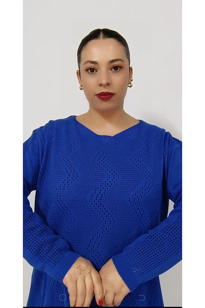AKŞEN GİYİM Plus Size Women's Mercerized Knitwear Front Openwork Knit Detail Blouse