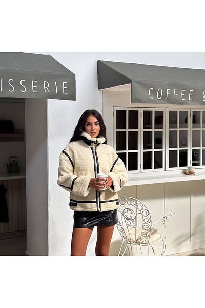 VOLT CLOTHİNG Women's Belt Detailed Striped Plush Coat