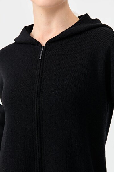 Desen Triko Black Basic Long Wool Cardigan - Hooded and Zippered