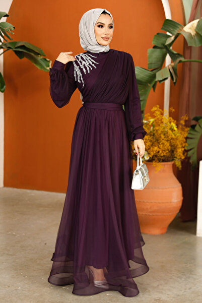 Nursima 6348 Stone Detailed Belted Grain Tulle Fabric, Lined Hijab Evening Dress