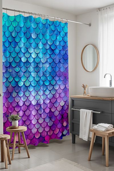 EVPANYA Perdeau de baie, perdea de duș cu model cu solzi de pește albastru roz, perdea pentru cadă 175x200cm