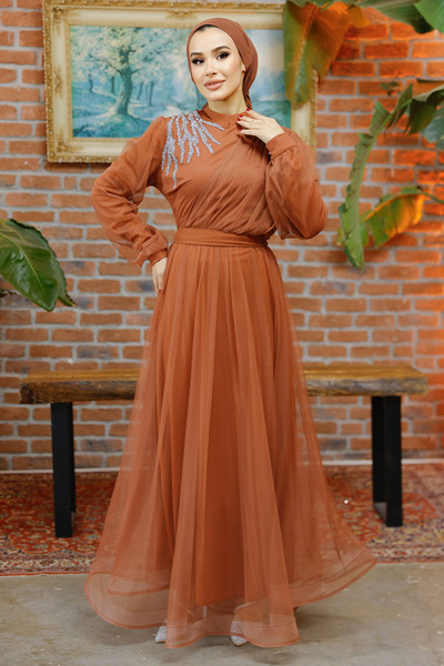 Nursima 6348 Taş Detaylı Kemerli Grenli Tül Kumaş, Astarlı Tesettür Abiye Elbise