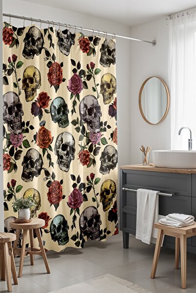 EVPANYA Perdeau de baie, perdea de duș cu model trandafiri și cranii, perdea ...