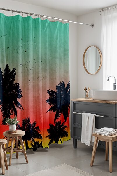 EVPANYA Banyo Perdesi, Renkli Gökyüzündeki Palmiyeler Desenli Duş Perdesi, Kü...