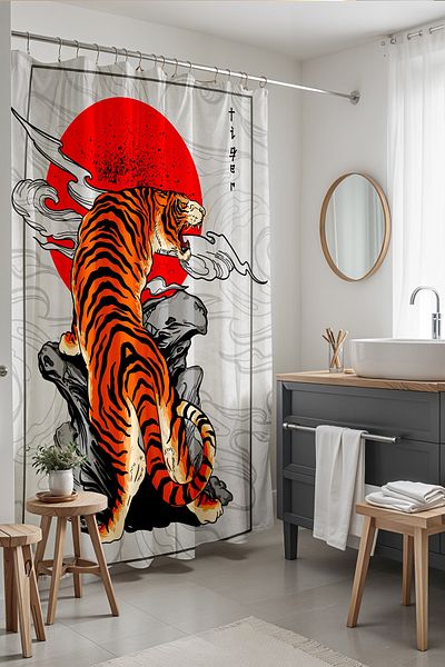 EVPANYA Bohe Ayır με σχέδιο Tiger στο φεγγάρι, 175x200cm Κουρτίνα μπάνιου και κουρτίνα μπανιέρας