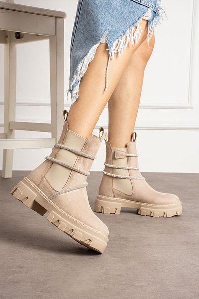 ShoeTek Γυναικείες Μπότες Beige Suede Fausta - Μπότες με τυλιγμένες πέτρες