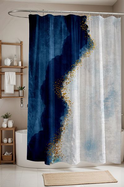 EVPANYA Perdeau de baie, perdea de duș cu model din rășină cu sclipici auriu bleumarin, perdea pentru cadă 175x200cm