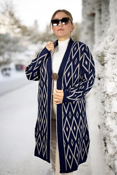 yagmurberen Baklava Patterned Broch Detailed Long Sleeve Shal Collar Large Size Knitting Cardigan