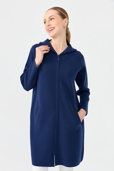 Desen Triko Cardigan lung de lână pentru femei cu glugă și fermoar Indigo