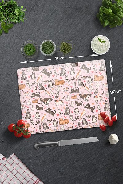 Decorita Glass Cutting Board - Glass Cutting Board |   Cat Patterned |   30cm X 40cm